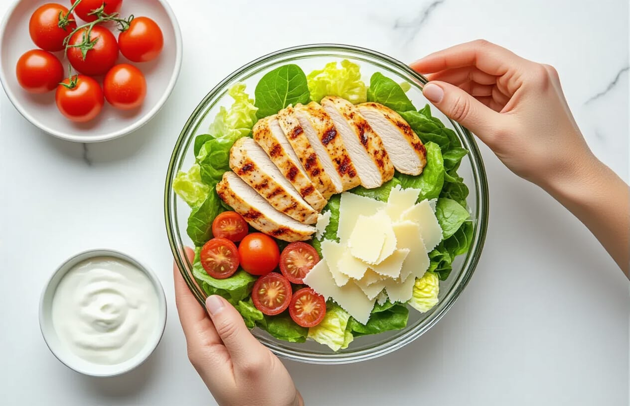 Salada Caesar Fit com Molho de Iogurte Light 4 Montagem e Apresentação da Salada