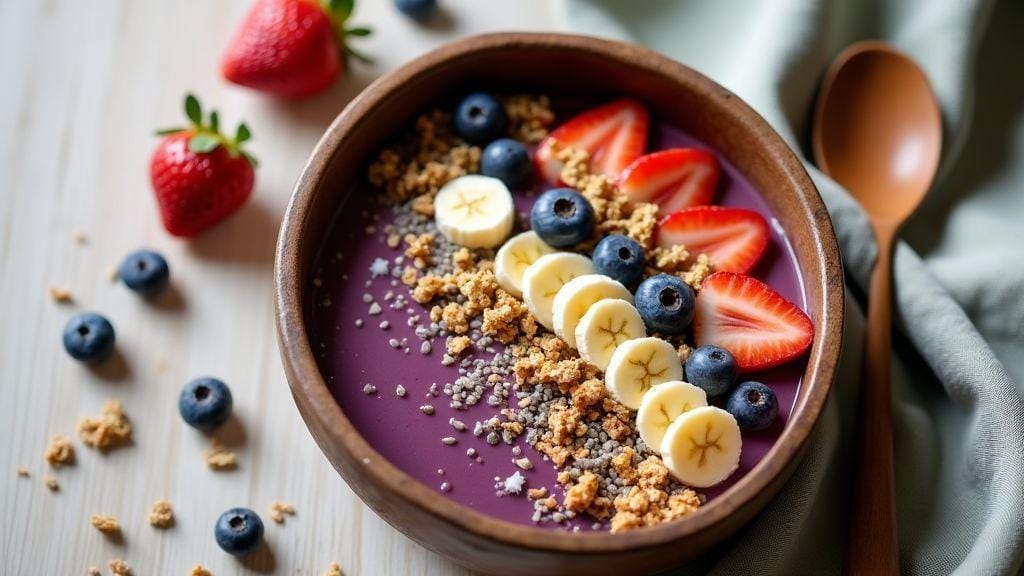 Bowl de Açaí com Granola Integral e Frutas irresistivelmente cremoso e crocante — sem cozimento, com poucos ingredientes e pronto em instantes, basta bater