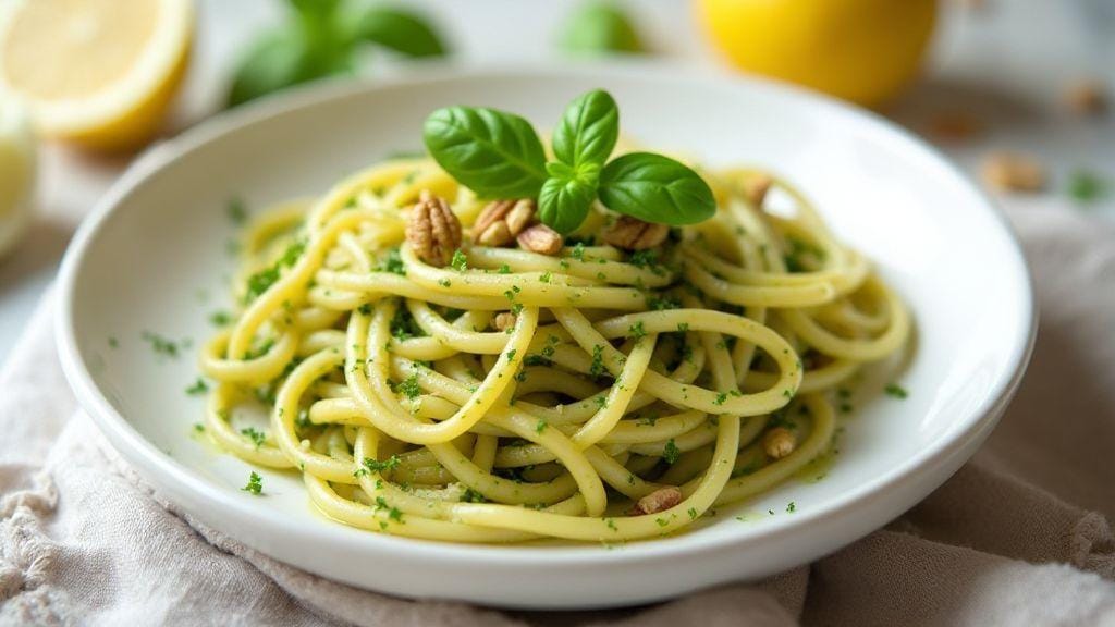 Espaguete de pupunha ao pesto de manjericão — leve e irresistivelmente cremoso, sem fogão e com preparo mínimo