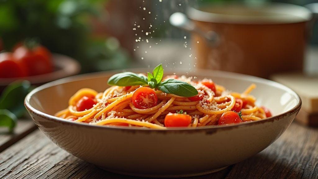 Espaguete integral ao molho de tomate e manjericão irresistivelmente saboroso e al dente pronto em vinte minutos e uma panela só