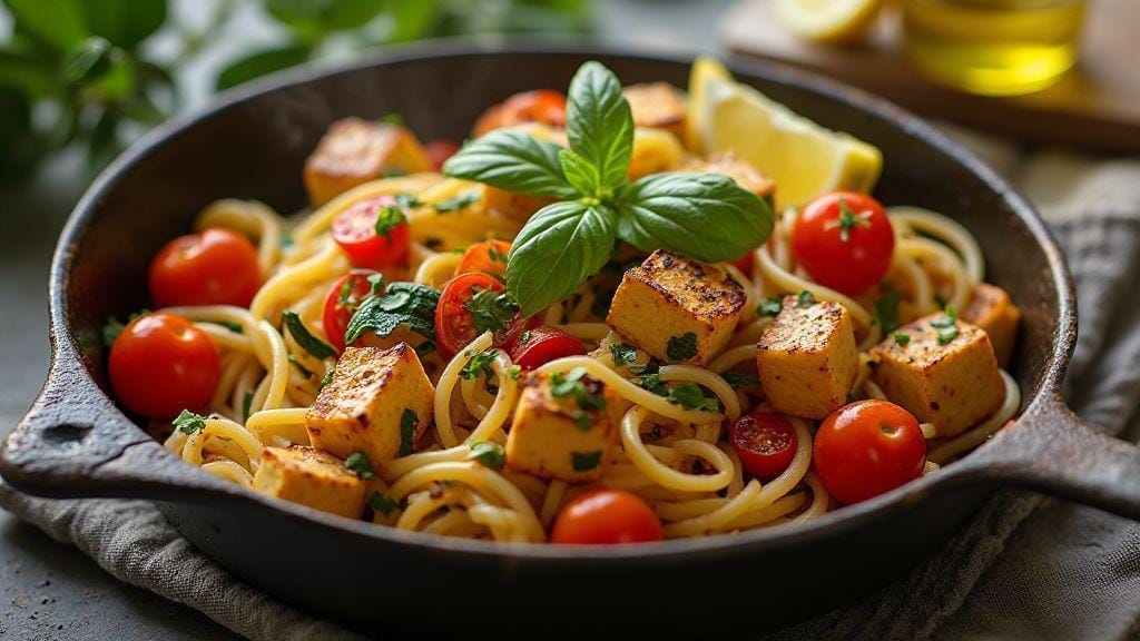 Fusilli integral com legumes grelhados e tofu irresistivelmente saboroso e crocante — pronto em 20 minutos e uma panela só