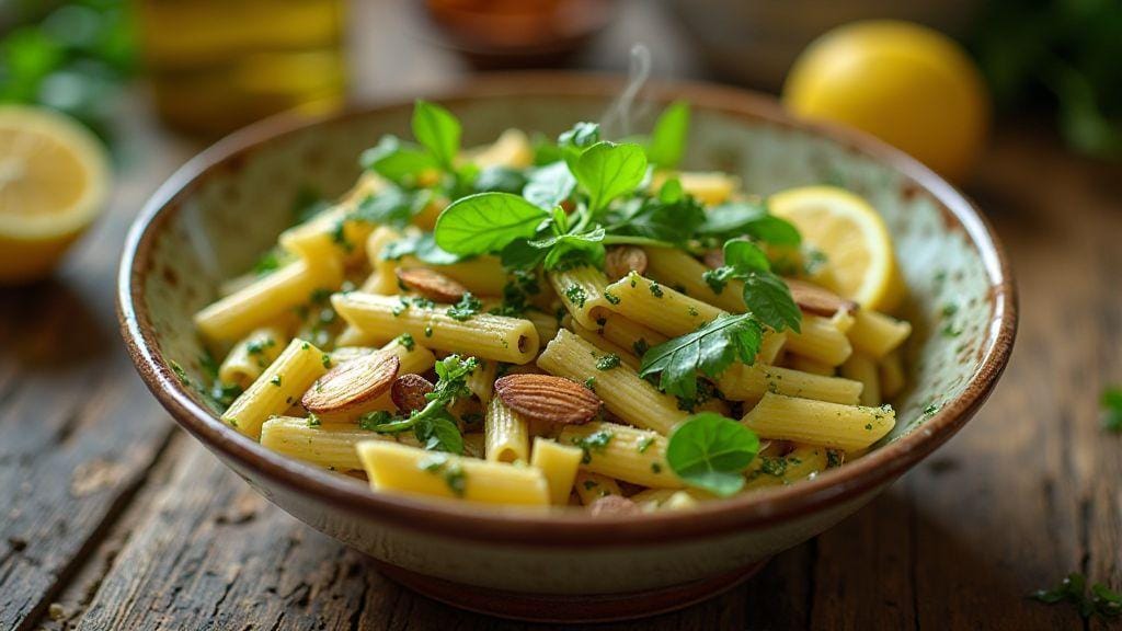 Penne integral ao pesto de rúcula e amêndoas irresistivelmente cremoso e vibrante pronto em vinte minutos sem liquidificador