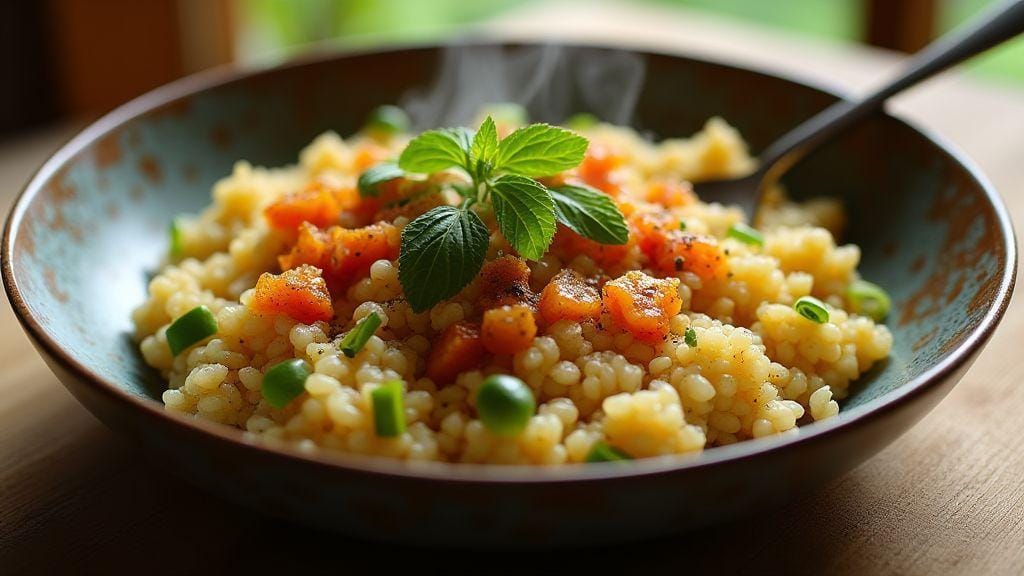 Risoto de Quinoa com Cogumelos e Ervas irresistivelmente cremoso pronto em menos de vinte minutos e feito numa panela só