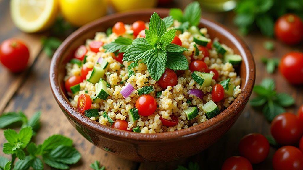 Tabule de Quinoa com Hortelã e Tomate Refrescante e Irresistível — Basta Misturar com Quinoa Pré-Cozida para um Prato Prático Sem Forno