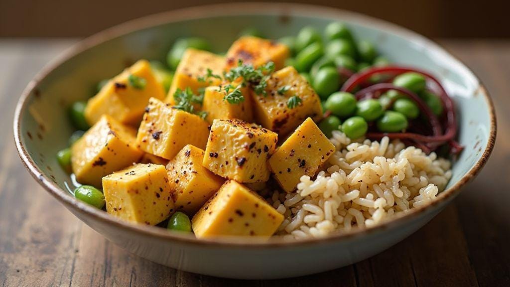 Tigela Buddha Bowl com Tofu Grelhado irresistivelmente crocante e saboroso pronta em menos de meia hora sem forno e com preparo minimalista