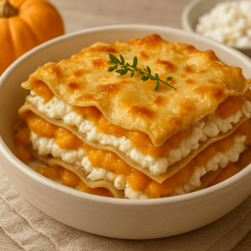 Lasanha de massa integral com abóbora e queijo cottage