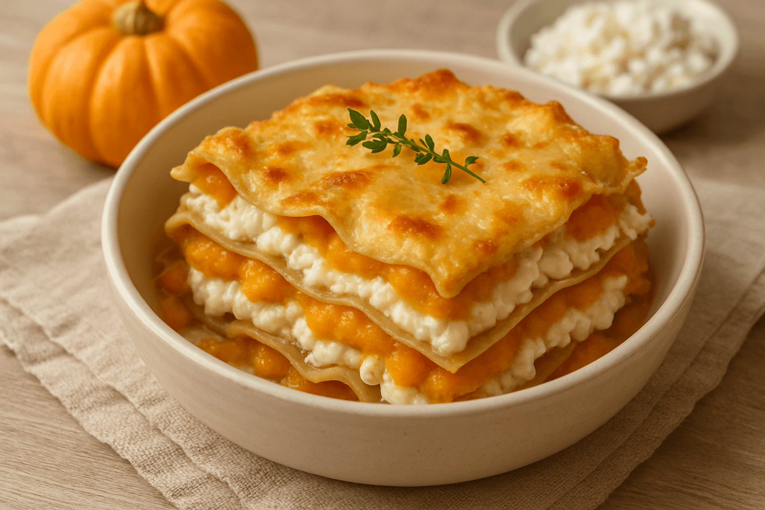 Lasanha de massa integral com abóbora e queijo cottage deliciosamente cremosa e leve, prática sem forno e preparada em panela única