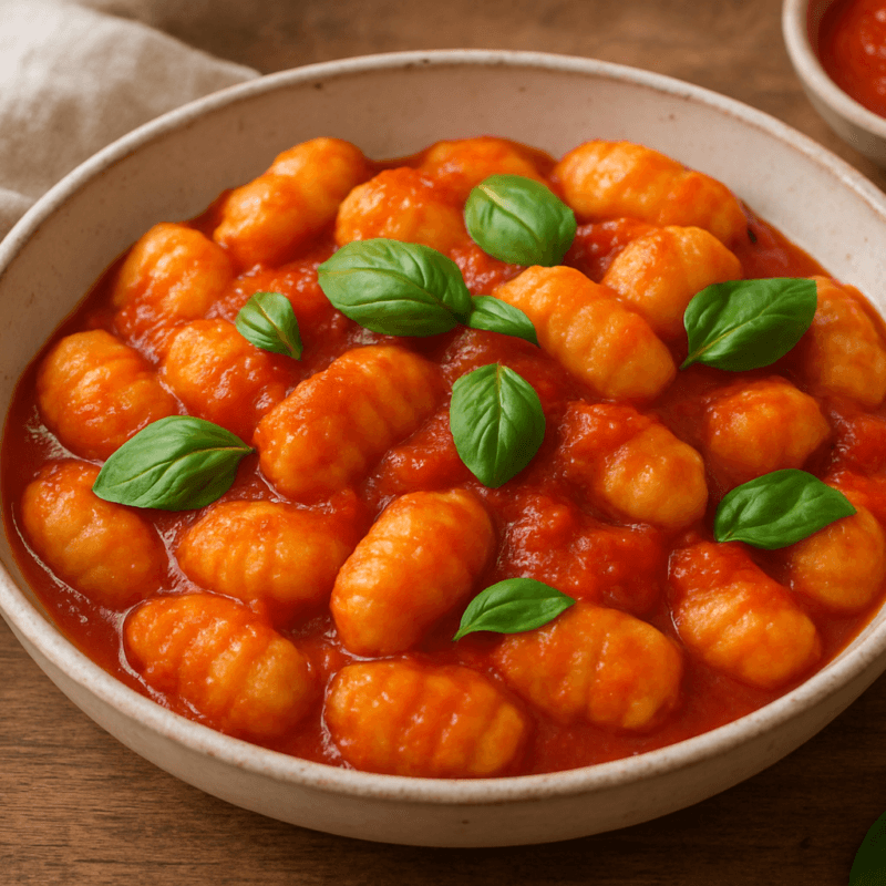 Nhoque de batata doce com molho de tomate e manjericão