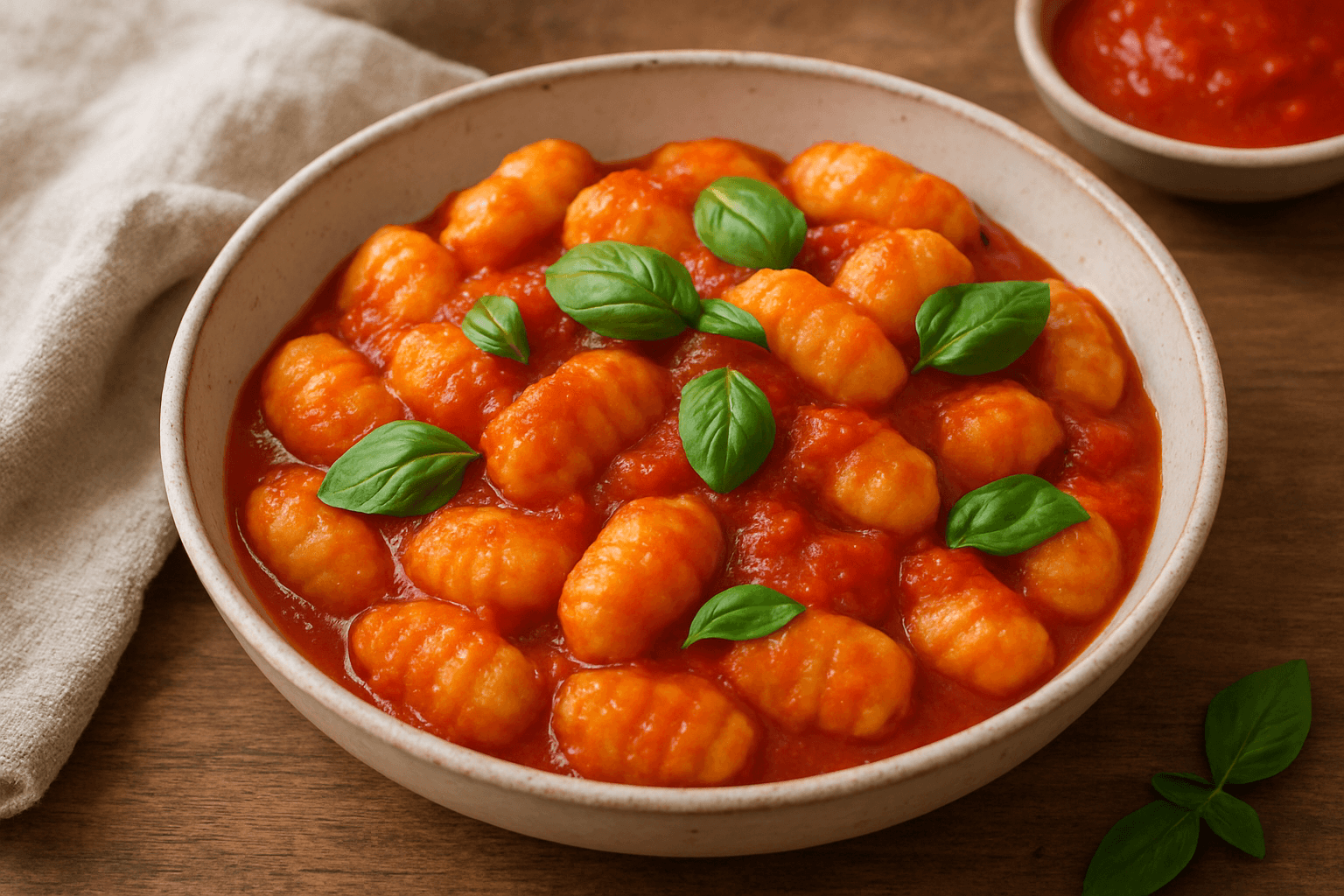 Nhoque de batata doce com molho de tomate e manjericão incrivelmente macio e saboroso com preparo mínimo e uma panela só