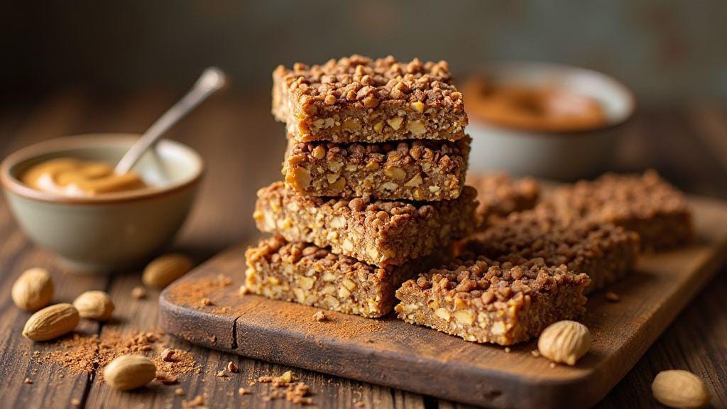 Barrinha proteica caseira de amendoim e cacau deliciosamente crocante sem forno, pronta com cinco ingredientes da despensa