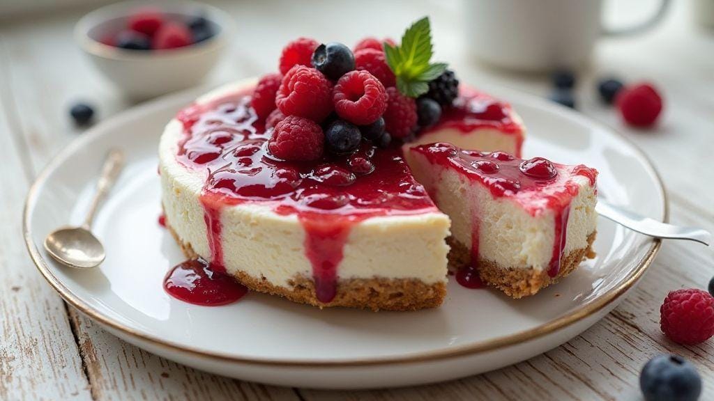 Cheesecake Fit com Calda de Frutas Vermelhas irresistivelmente cremoso e leve — sem forno e preparo minimalista com poucos ingredientes
