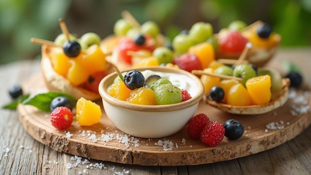 Espetinho de frutas com iogurte natural irresistivelmente cremoso e refrescante, preparo mínimo e sem forno