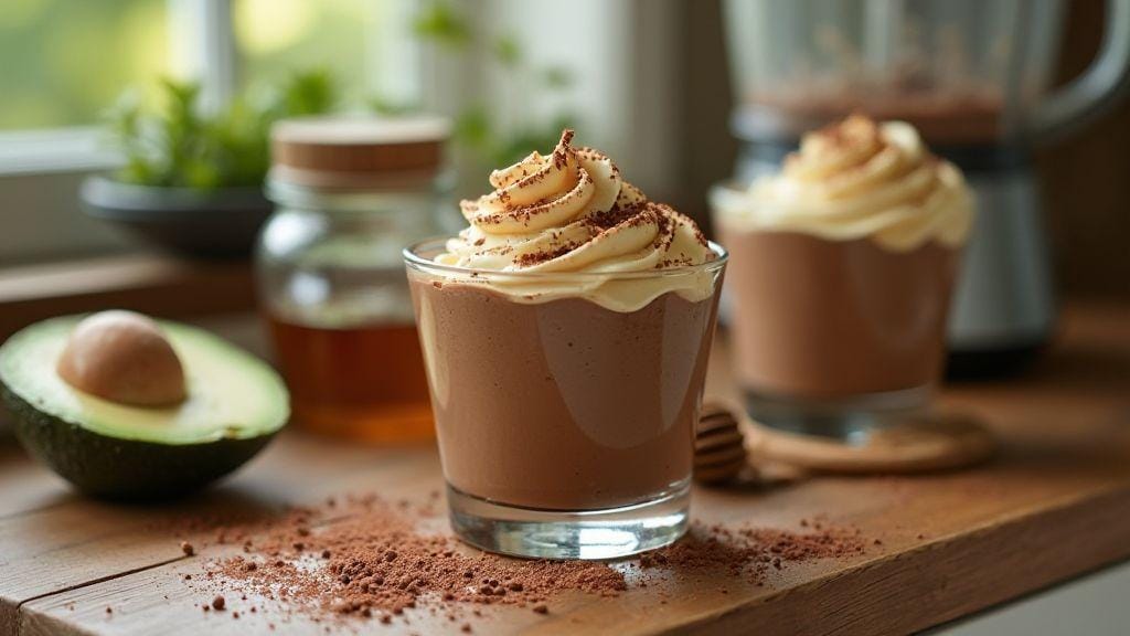 Mousse de cacau com abacate e mel incrivelmente cremoso sem forno, batido no liquidificador e feito com cinco ingredientes