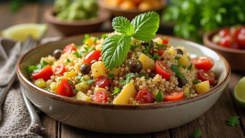 Salada de quinoa com legumes e atum deliciosa, fresca e crocante com quinoa pré-cozida e preparo em uma tigela só