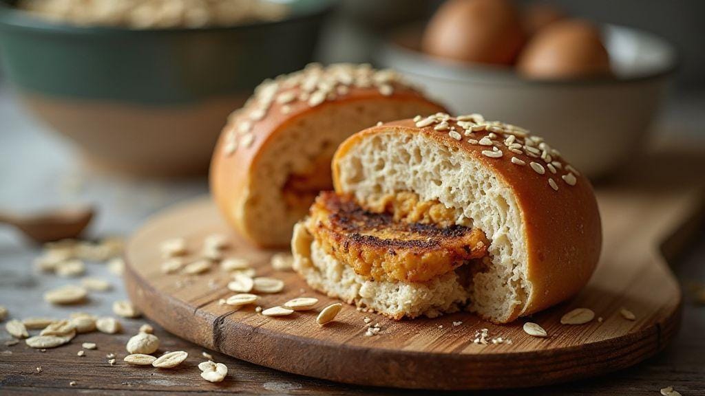 Pão de Hambúrguer Integral de Aveia macio e saboroso feito em tigela única com poucos ingredientes e pronto em poucos minutos
