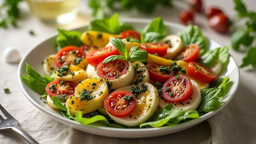 Salada Caprese Fit com Molho Pesto Light sabor delicioso, textura fresca e preparo simples sem forno