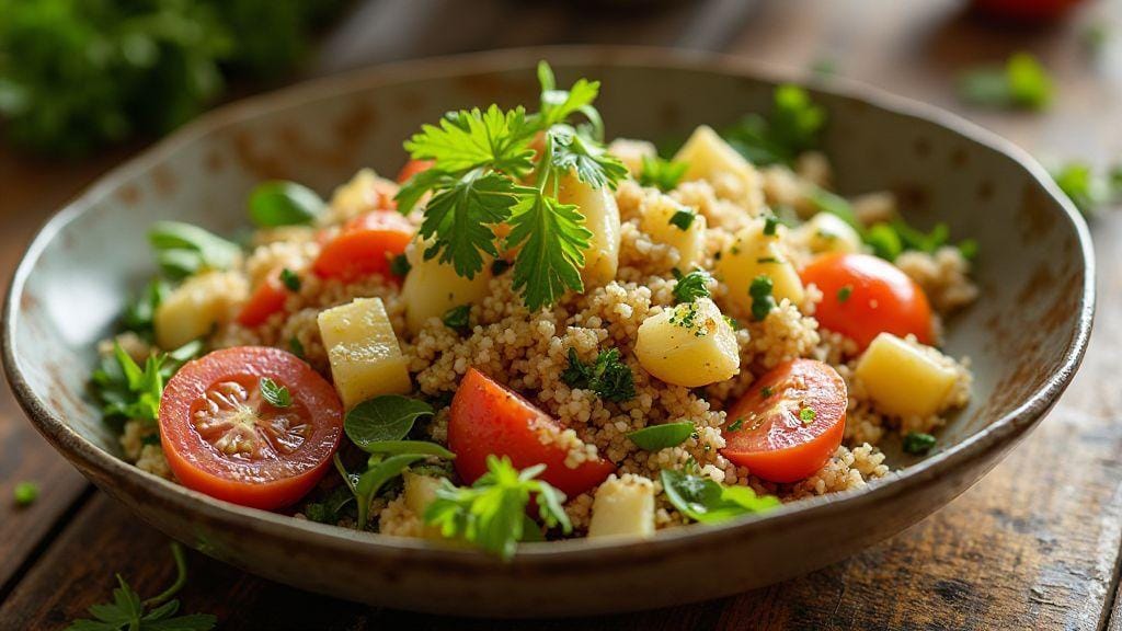Salada pré-treino de carboidratos complexos com molho leve de ervas saborosa e crocante, prática com poucos ingredientes e sem cozimento