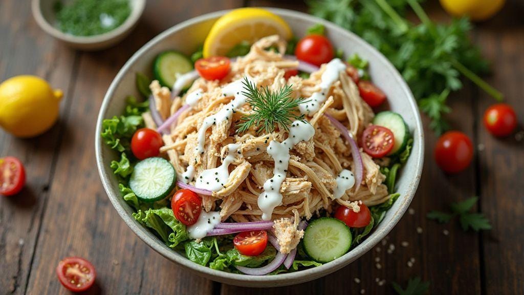 Salada Proteica de Frango Desfiado com Molho de Iogurte e Limão Deliciosa e Fácil de Preparar em Tigela Única com Mistura Rápida
