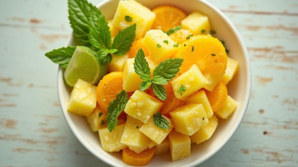 Salada Tropical de Abacaxi com Hortelã e Molho Cítrico sabor incrível e textura fresca, preparo simples misture e sirva