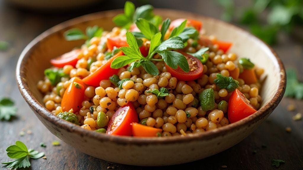Salada Vegana de Lentilha com Molho de Tahine Light sabor incrível, textura cremosa, feita com itens de despensa em uma só tigela