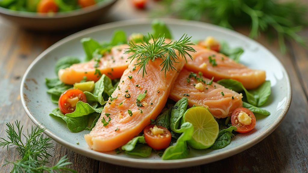 Saladas com salmão grelhado e molho de iogurte com dill sabor cremoso e preparo mínimo