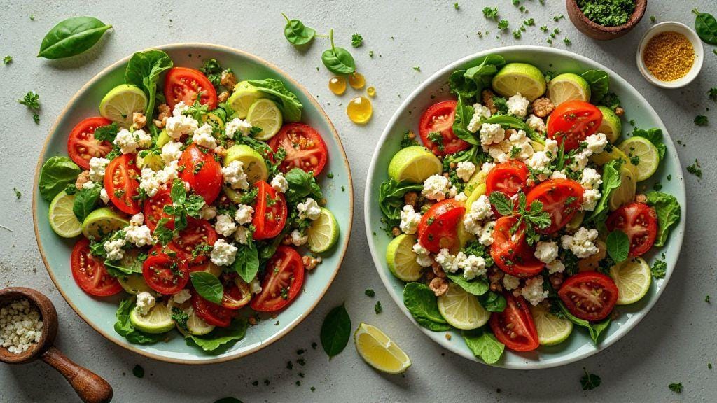 Saladas mediterrâneas fit com molho de azeite reduzido e ervas finas — sabor intenso, textura crocante, preparo rápido sem forno