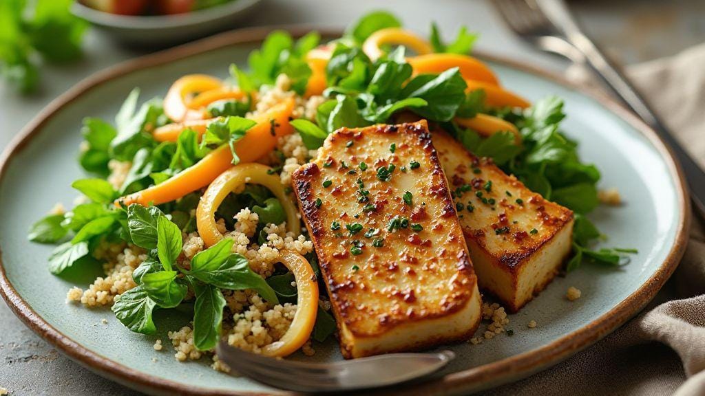 Saladas veganas proteicas com tofu grelhado molho de amendoim light sabor incrível e textura crocante em preparo rápido sem forno