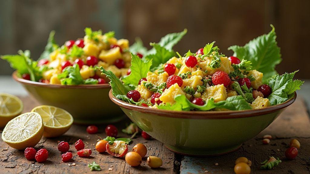 Saladas coloridas com frutas secas molho cítrico de maracujá sem açúcar sem cozimento sabor vibrante crocante