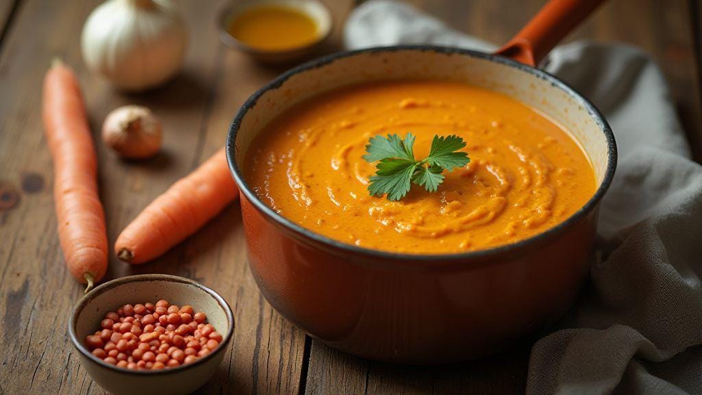 Sopa de Lentilha Proteica Vegana para Emagrecimento Saudável em Uma Panela Só, cremosa e saborosa, com cinco ingredientes ou menos e preparo sem esforço