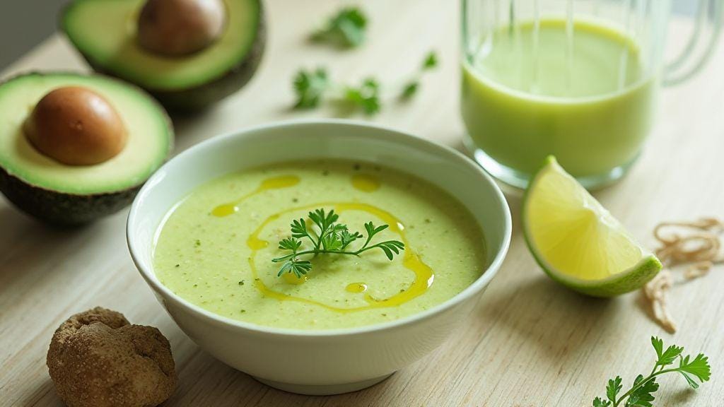 Sopa cremosa de abacate sem laticínios com textura aveludada feita no liquidificador prática e rápida