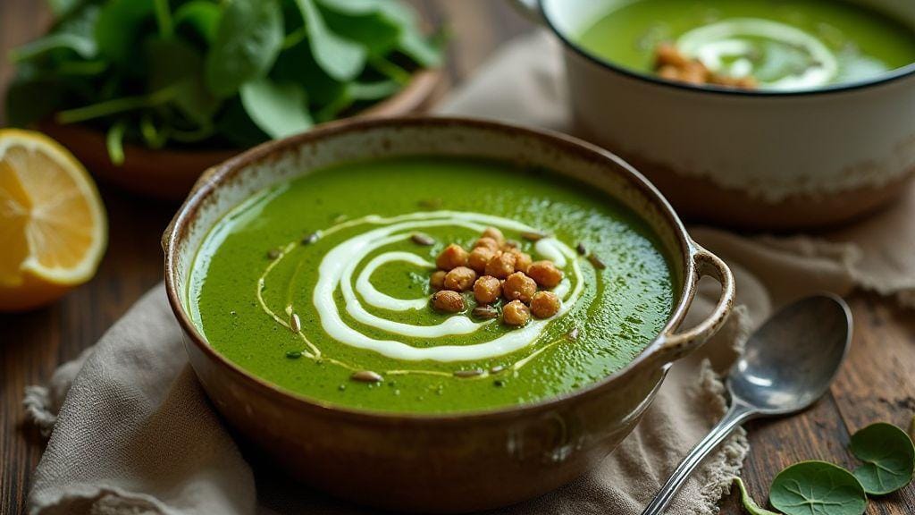 Sopa proteica de espinafre rica em ferro, deliciosa e cremosa, prática de preparo simples em panela única