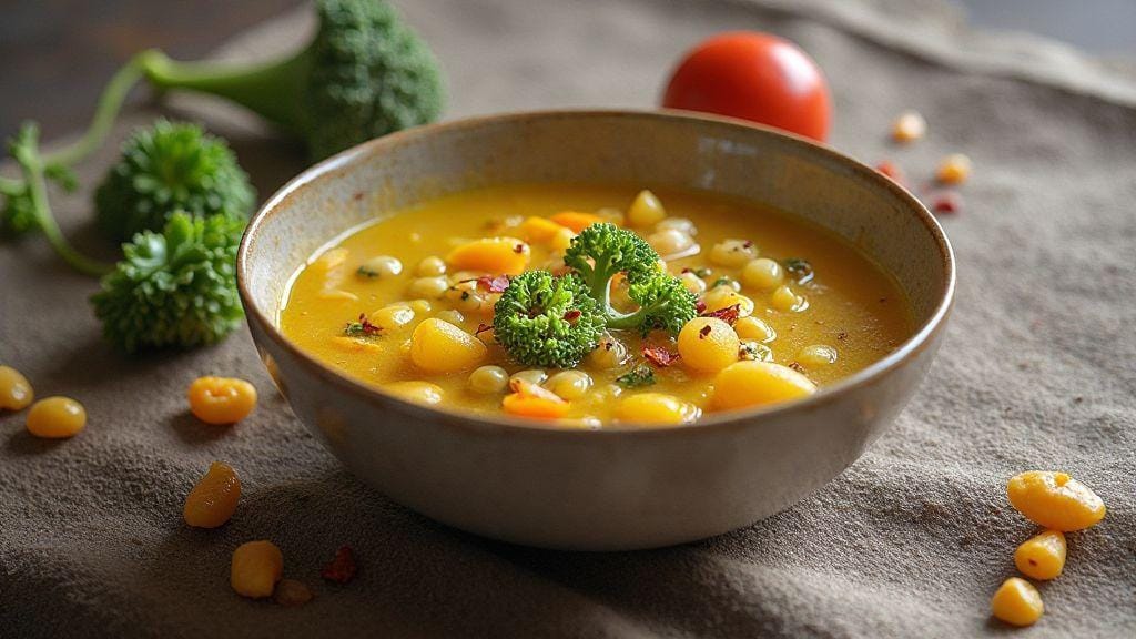 Sopa rápida de legumes congelados com temperos naturais, cremosa e prática em uma única panela