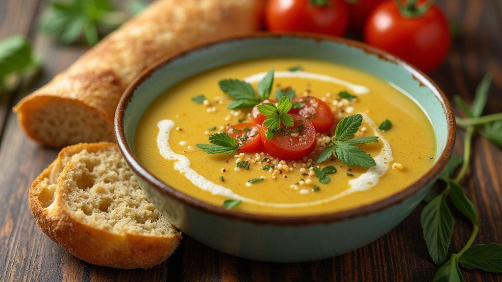 Sopa vegana de grão de bico com proteína vegetal cremosa — prática, rápida e feita em uma única panela com ingredientes simples da despensa