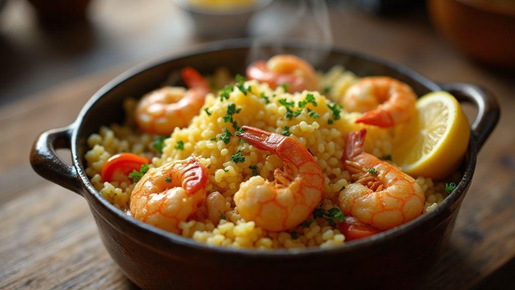 Arroz de marisco cremoso e saboroso em uma panela só com cinco ingredientes ou menos pronto em menos de vinte minutos