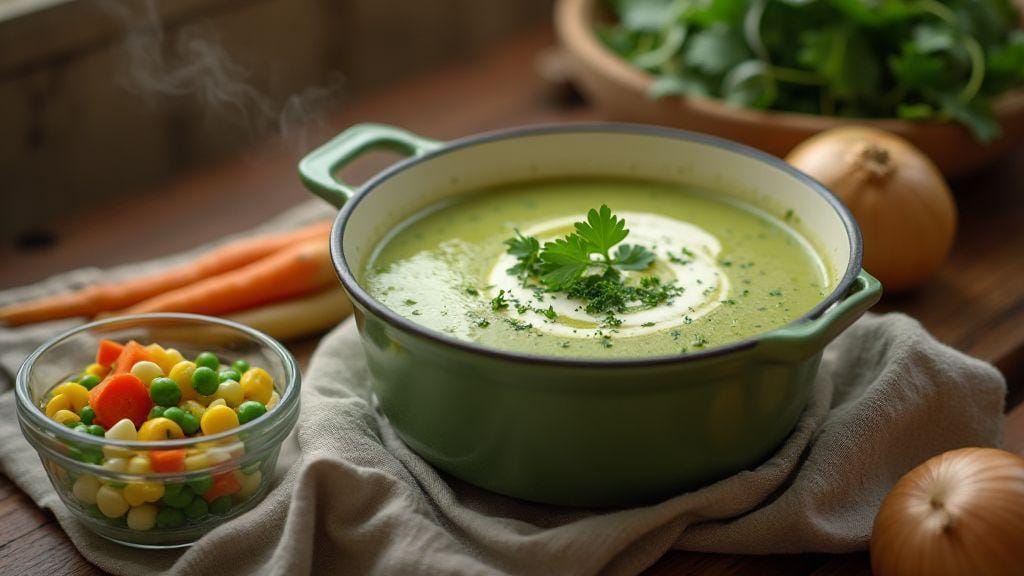 Sopa Fit de Legumes Congelados sabor incrível, cremosa e prática, feita em panela única com poucos ingredientes