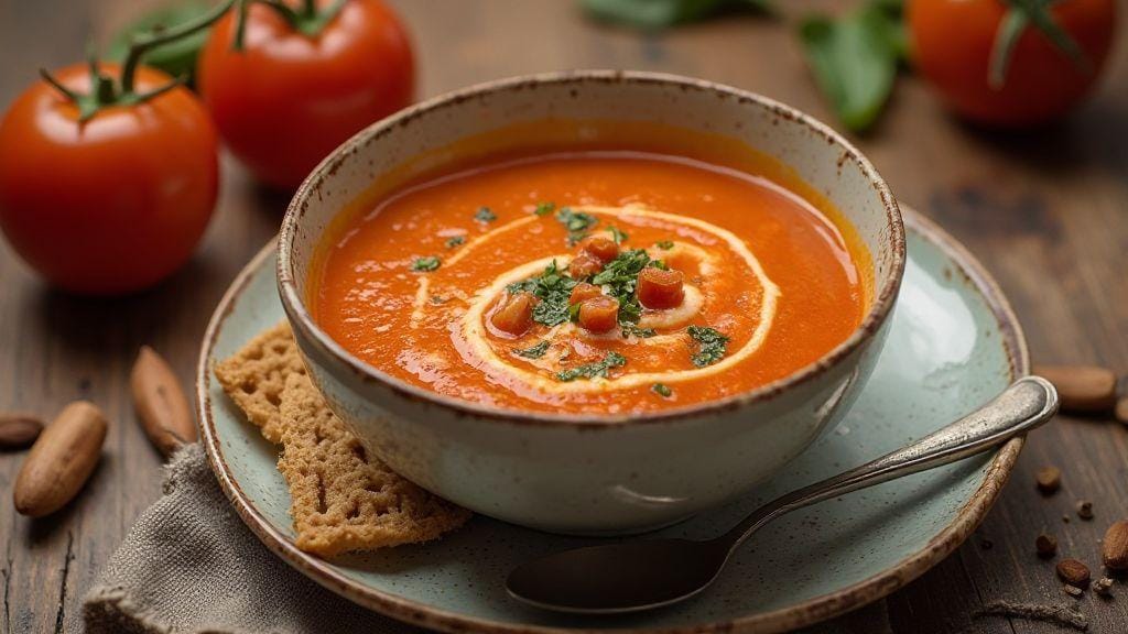 Sopa Fit de Tomate Low Carb cremosa e deliciosa feita em uma única panela com poucos ingredientes sem forno