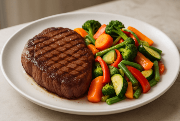 Bife de patinho grelhado com legumes coloridos em prato branco