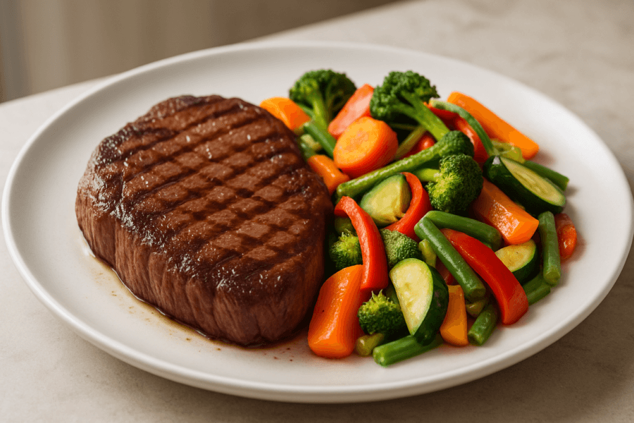 Bife de patinho grelhado com legumes coloridos em prato branco