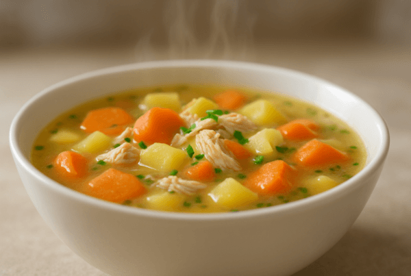 Sopa fit de legumes com frango em tigela branca
