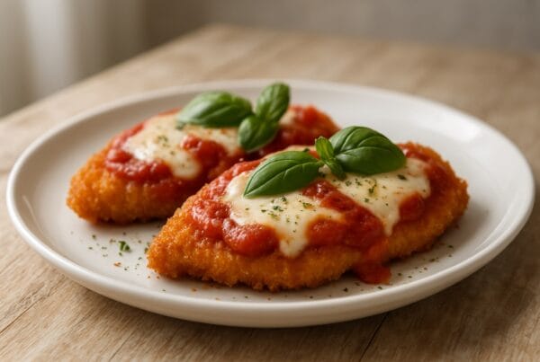 Filés de frango à parmegiana com molho de tomate e muçarela derretida em prato branco